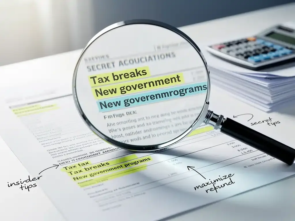 Magnifying glass examining financial document, highlighting new tax breaks and benefits.