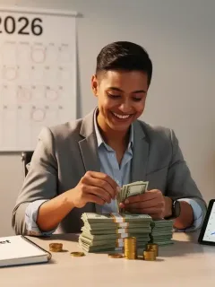Person smiling while counting money, with a 2026 calendar, symbolizing future financial savings.