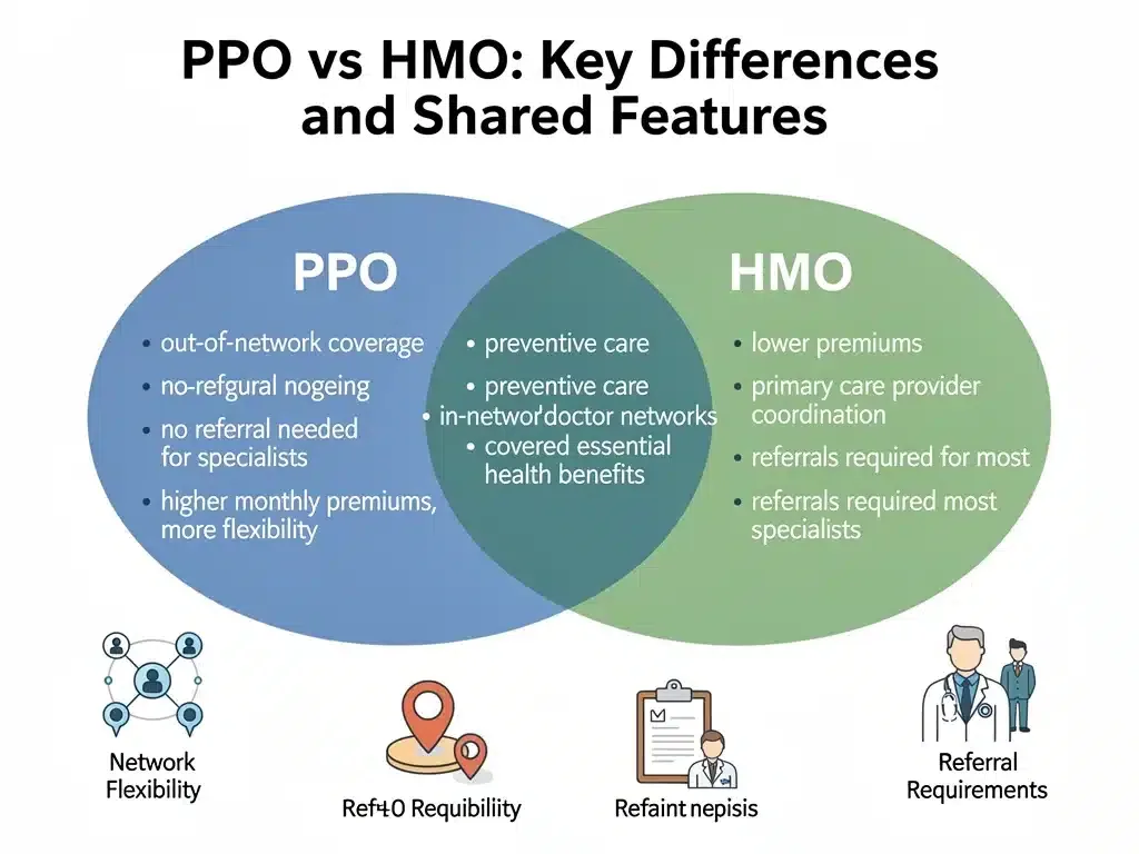 Infographic comparing PPO and HMO health insurance plans, detailing network and referral differences.