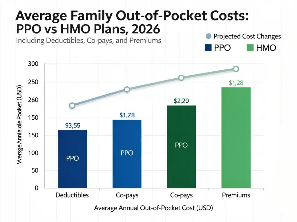 Bar chart showing 2026 average out-of-pocket costs for PPO vs HMO family health plans.