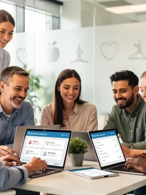 Employees reviewing 2026 employee benefits on computers, focusing on health and wellness.
