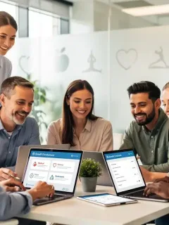 Employees reviewing 2026 employee benefits on computers, focusing on health and wellness.