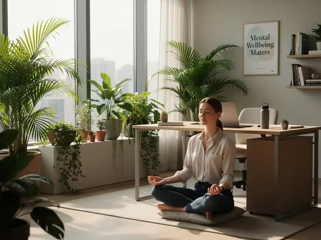 Employee meditating in a calm office, representing mental health benefits and work-life balance.