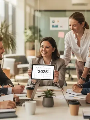 Professionals smiling, discussing lesser-known employee benefits for 2026 in a modern office.