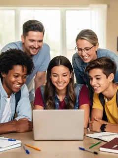 Parents and students researching college scholarships for 2026 on a laptop.