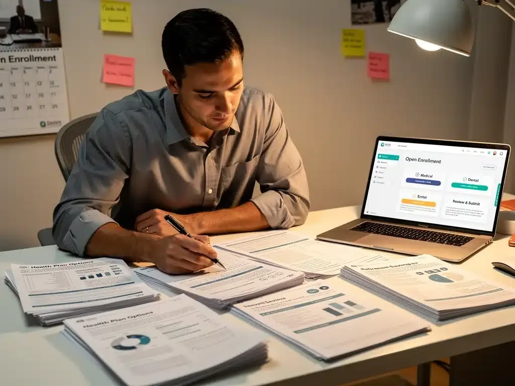 Person reviewing 2026 benefit enrollment documents on laptop