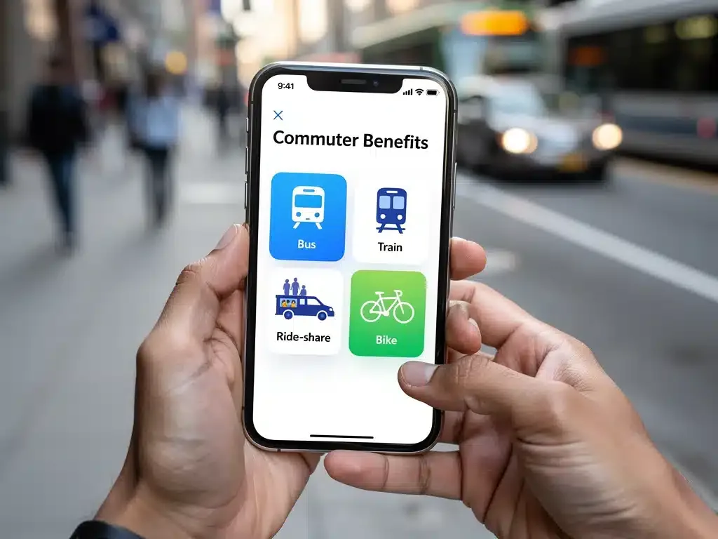 Smartphone displaying commuter benefits app with transportation options