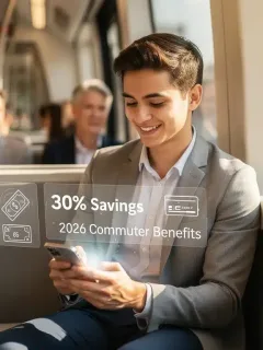 Person smiling on a train, saving money with 2026 commuter benefits