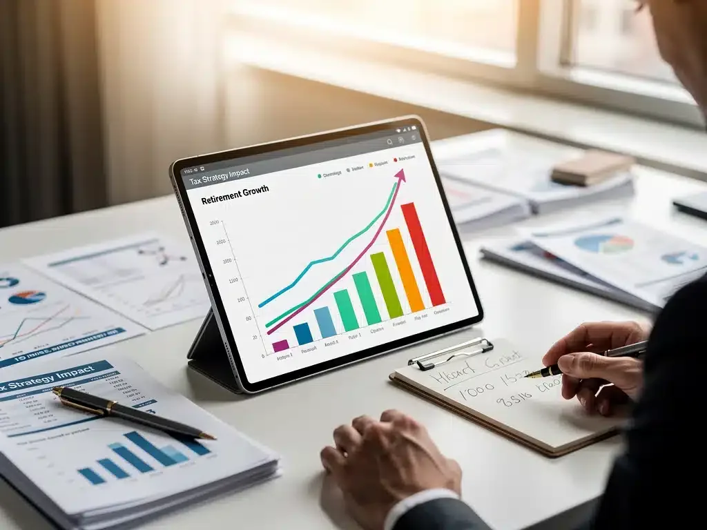Person reviewing digital financial statements showing positive growth, reflecting strategic retirement planning.