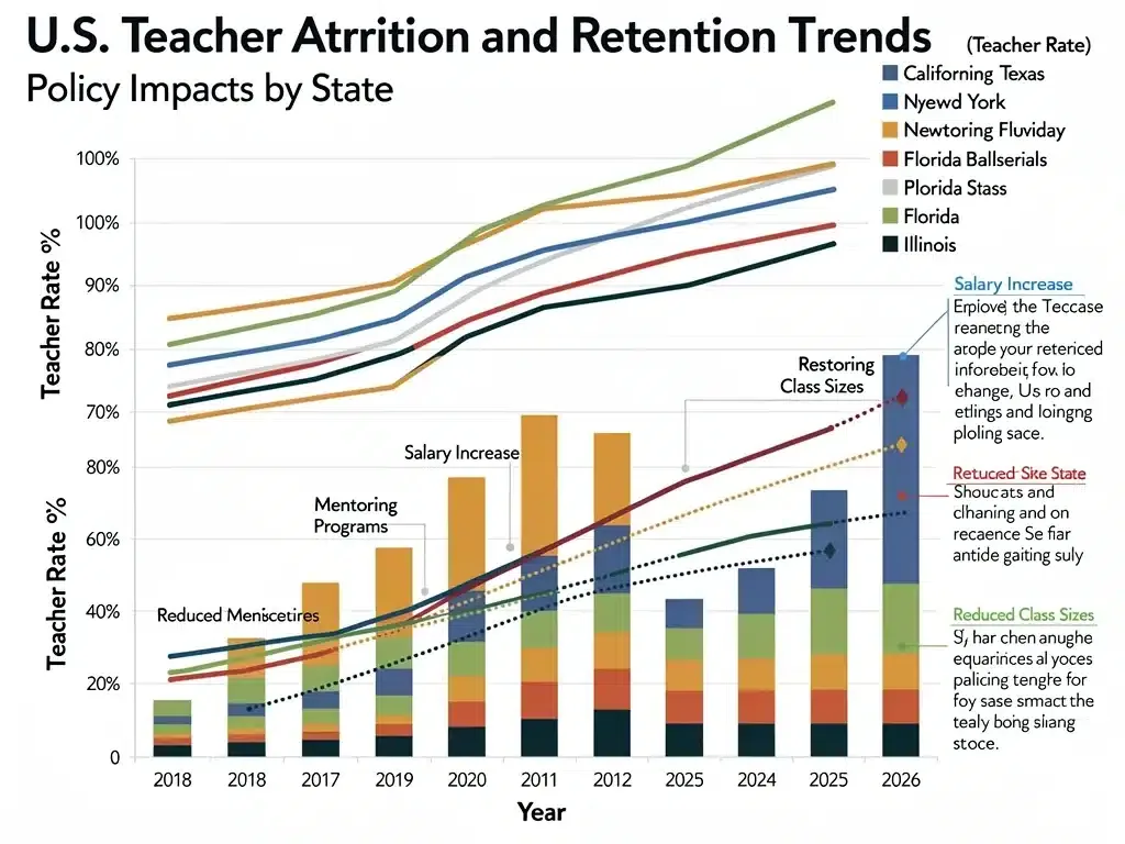 Graph showing US teacher retention trends and projected rates to 2026.
