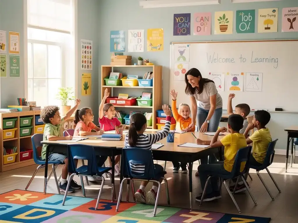 Happy elementary students learning with a supportive teacher in a bright classroom.