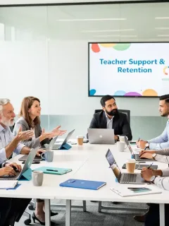 Teachers collaborating in a modern classroom, focusing on professional development and support.