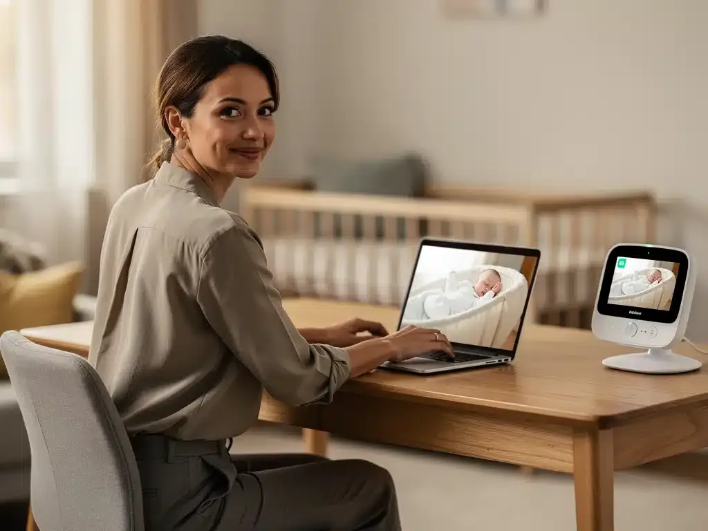 Parent working remotely with baby monitor, showing work-life balance