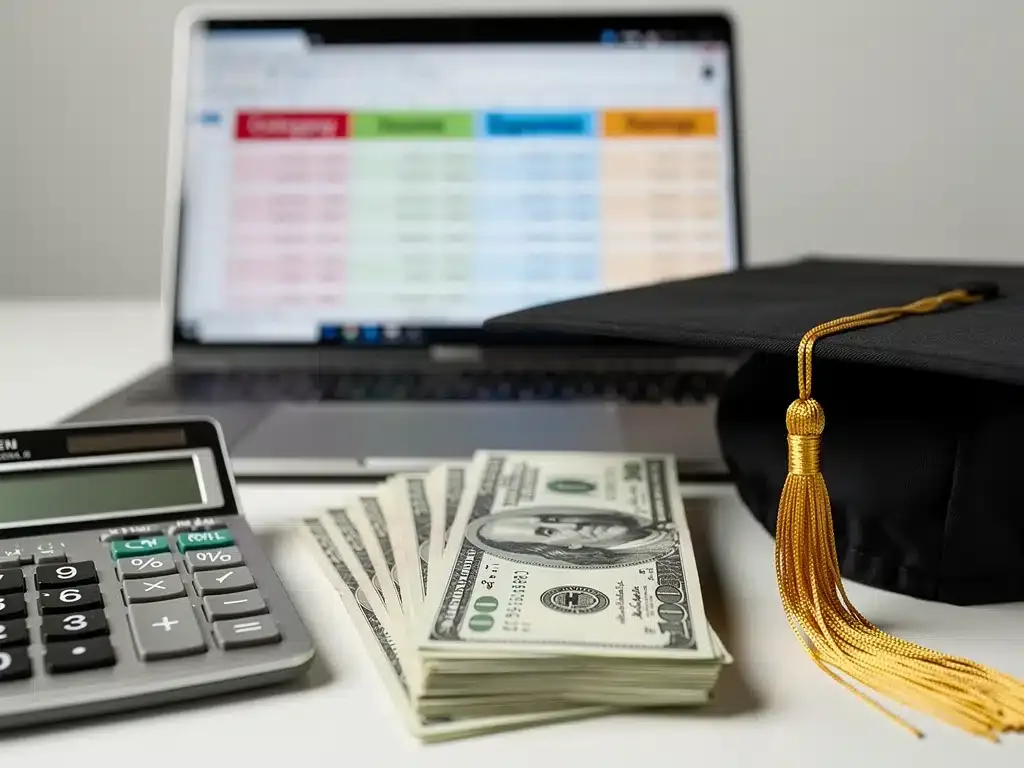 Calculator and money symbolizing financial impact of education benefits.