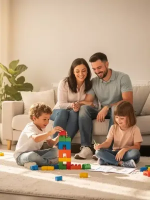 Happy family in living room, symbolizing secure childcare benefits.