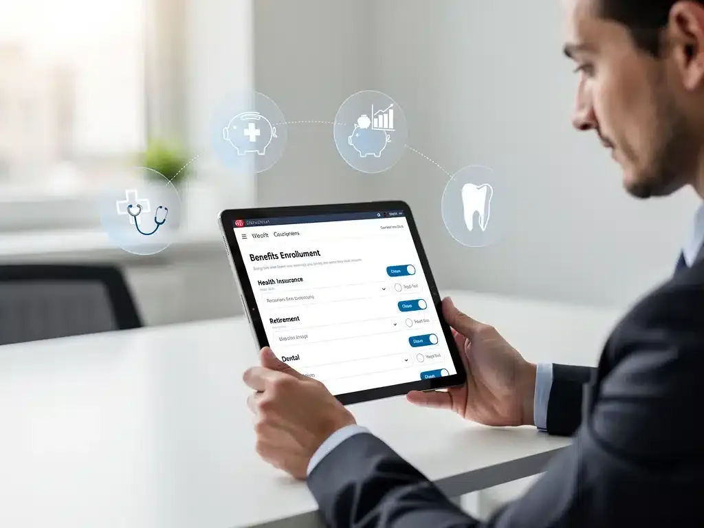 Individual reviewing 2026 benefits enrollment options on a tablet
