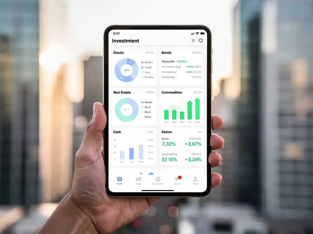 Tablet showing diversified investment portfolio with positive returns