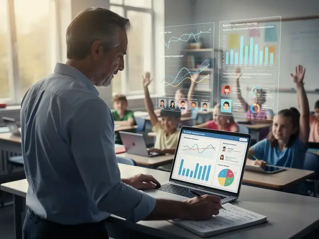 Teacher analyzing student data with AI management dashboard