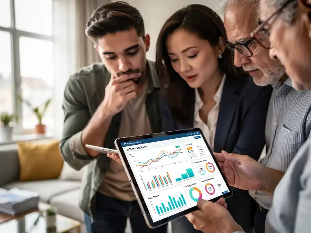 People analyzing housing market data and financial indicators on a tablet