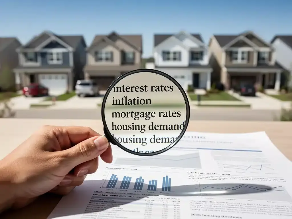 Magnifying glass scrutinizing economic terms in housing market context