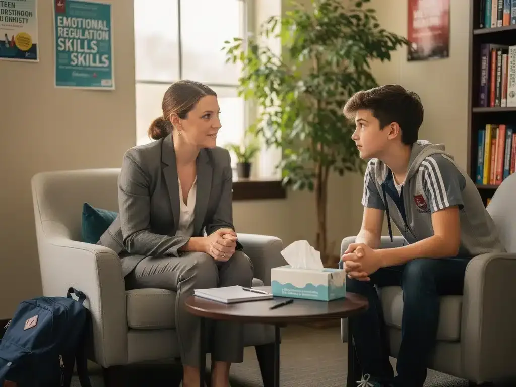 School counselor supporting high school student with emotional well-being