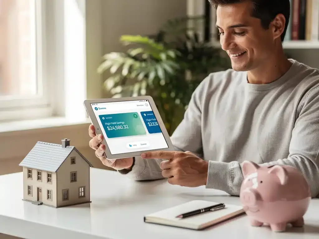 Individual managing high-yield savings account on digital banking app