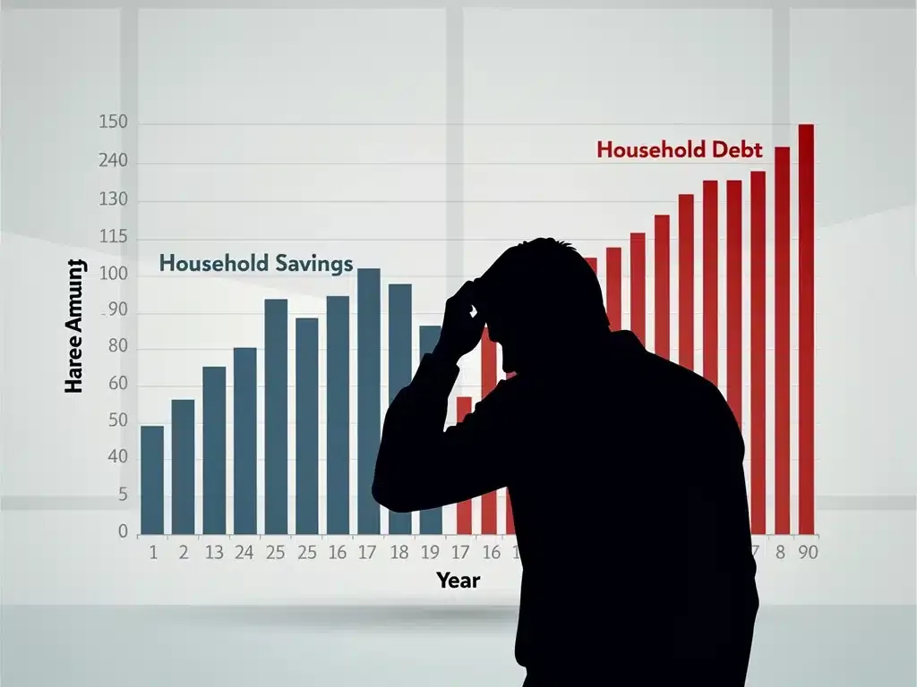 Bar graph illustrating declining household savings and rising debt, reflecting economic pressure on families.