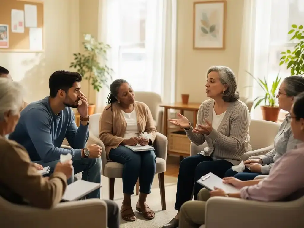 Diverse community members in a support group, highlighting mental health and social support in challenging economic times.