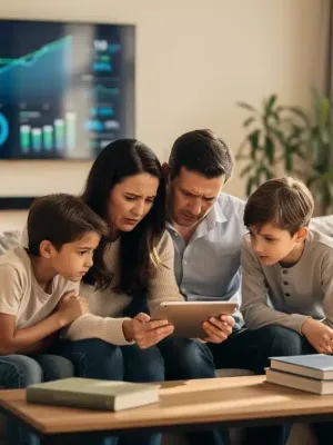 Family reacting to economic news on a tablet, symbolizing the impact of financial changes on household well-being.