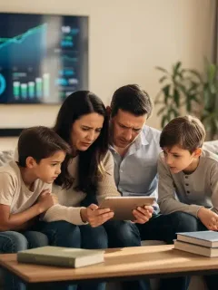 Family reacting to economic news on a tablet, symbolizing the impact of financial changes on household well-being.