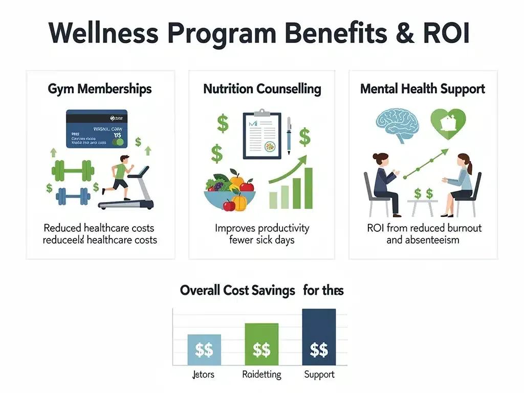 Infographic displaying various wellness program benefits and potential financial returns.