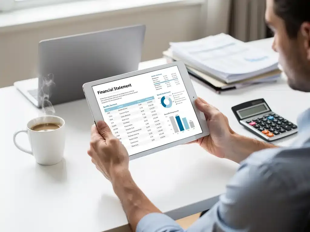 Person analyzing financial statements and wellness benefits on a tablet.