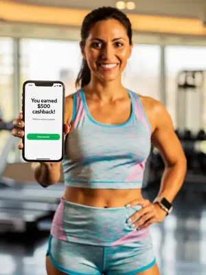Person smiling, holding phone with $500 cashback on wellness app, in a modern gym setting.