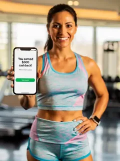 Person smiling, holding phone with $500 cashback on wellness app, in a modern gym setting.