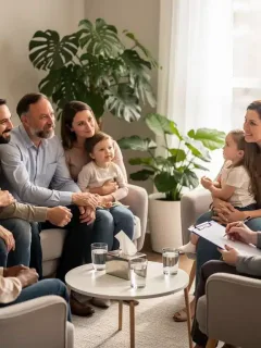 Diverse couples and families in a supportive counseling session.