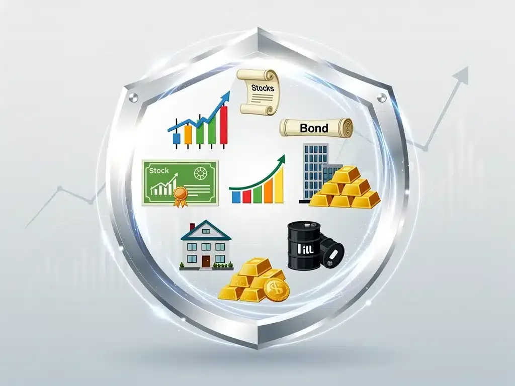 Diversified investment portfolio protected by a strong barrier, illustrating risk mitigation.