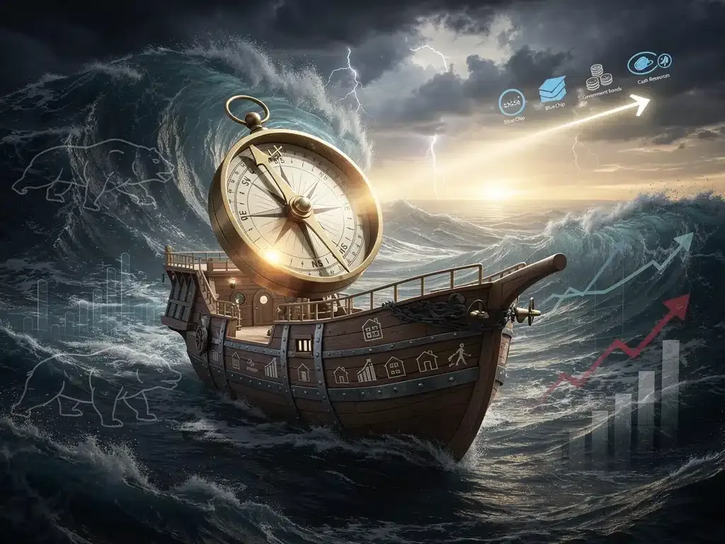 Ship navigating turbulent market waters, symbolizing steady investment strategies.