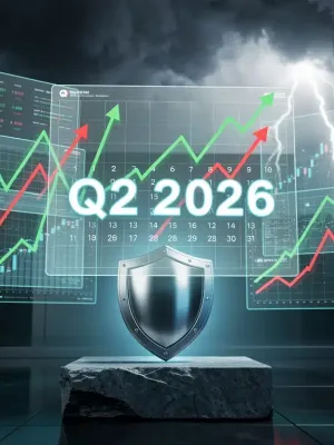 Financial charts showing market volatility with a shield representing defensive investment strategies for Q2 2026.