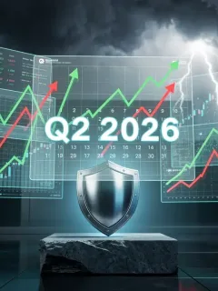 Financial charts showing market volatility with a shield representing defensive investment strategies for Q2 2026.
