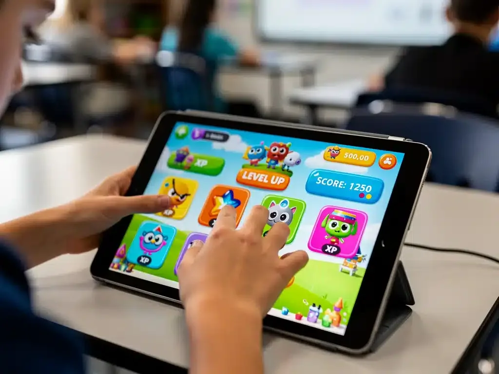 Student earning virtual badges and points through an educational game on a tablet.