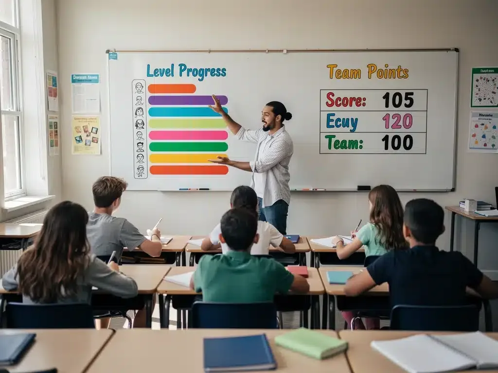 Teacher explaining a gamified lesson with a visible progress chart to engaged students.