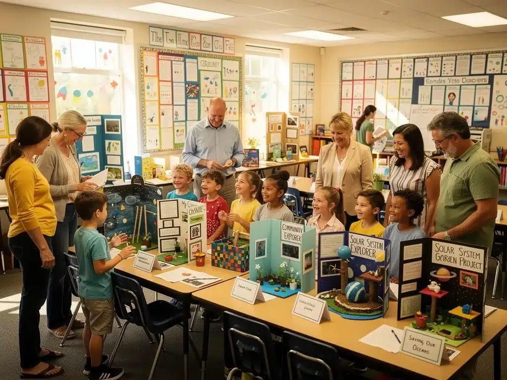 Elementary students presenting project-based learning outcomes at an exhibition.