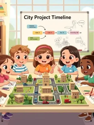 Elementary school children engaged in project-based learning, building a city model collaboratively.