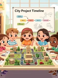 Elementary school children engaged in project-based learning, building a city model collaboratively.