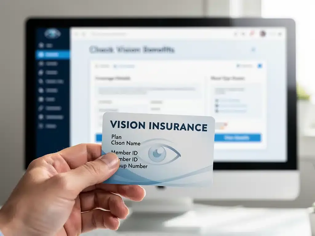 Hand holding vision insurance card with benefits portal on computer screen.