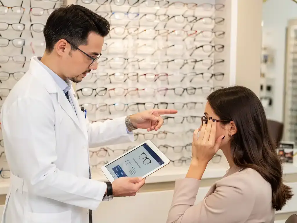 Optician helping patient choose new eyeglass frames.