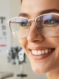 Person wearing new eyeglasses, smiling, with an eye chart in the background.