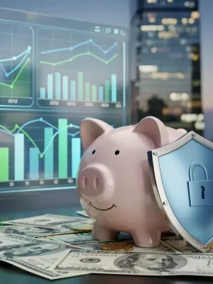 Financial charts, piggy bank with shield, and dollar bills representing economic protection against inflation.