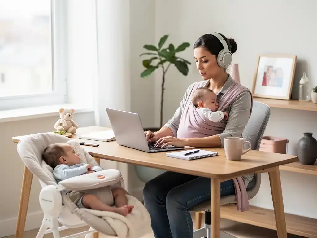 Parent working remotely with baby, benefiting from flexible parental leave