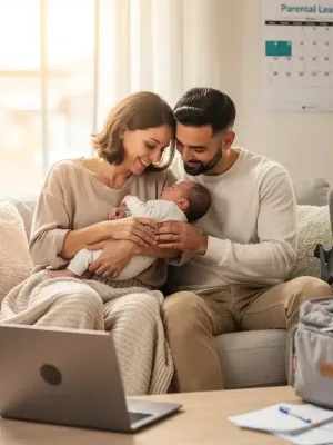 Happy diverse family with newborn, symbolizing federal parental leave benefits